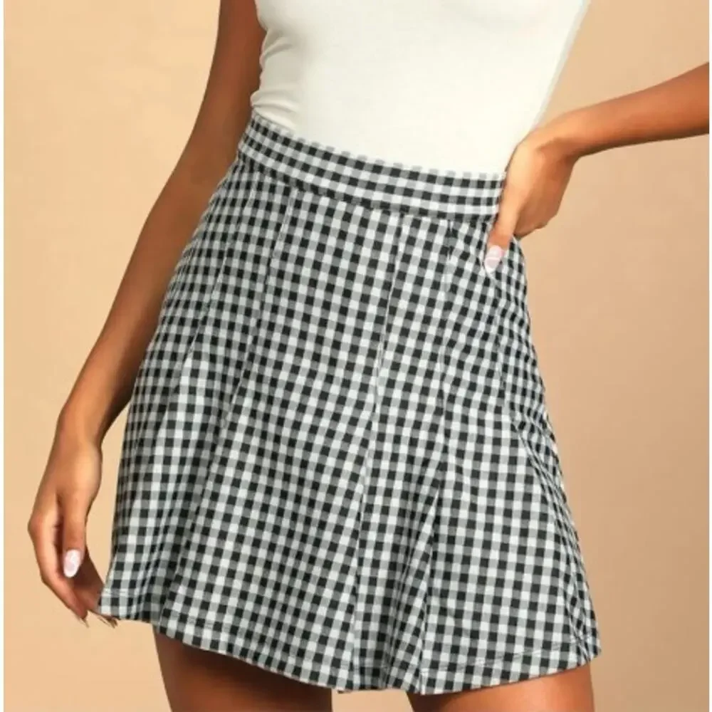 Free People Honey Gingham Pleated Skater Mini Skirt Black Multi Sz 0 EUC